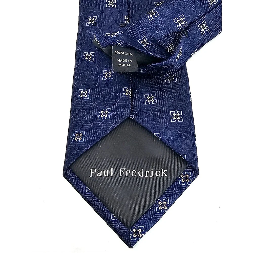 PAUL FREDRICK Navy Blue Tan Geometric Silk Tie Classic Business Formal